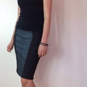 Stretch Pencil skirt with denim panel, black